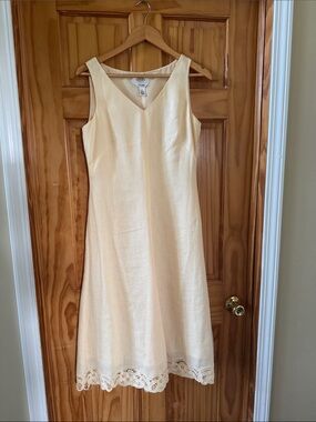 Talbots Pale Cream Sleeveless V-Neck Midi Dress with Lace Hem